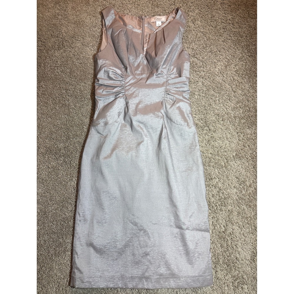 Dressbarn Collection Silver Metallic Ruched Sheath Dress Sleeveless Size 6
